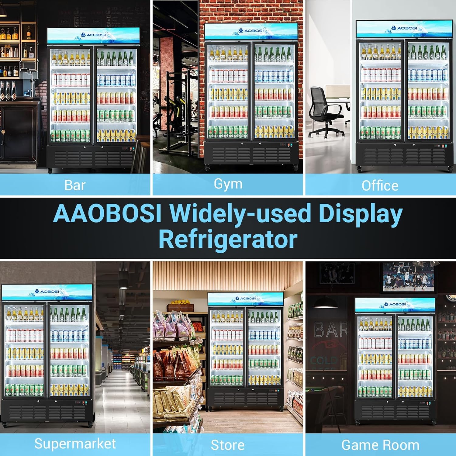 AAOBOSI 50' Wide Commercial Merchandiser Refrigerator,36.8 Cu.Ft Glass Door Display Refrigerator,Upright Beverage Fridge with Soft LED Light,Customizable Lightbox,Universal Casters, Adjustable Shelves