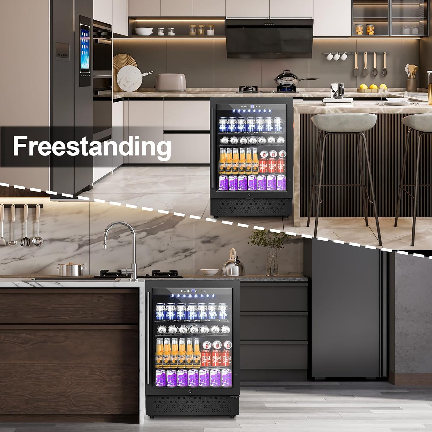 24 Inch Beverage Refrigerator, 5.2 Cu. Ft. Drink Refrigerator with Glass Door, 200 Cans Under Counter & Freestanding Drink Fridge, Reversible Door, Built-In Beverage Cooler for Kitchen, Bar or Office.
