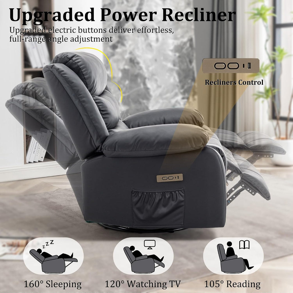 Korser Power Recliner Chair, Electric Rocker Recliner with Massage and Heat, 270° Swivel Glider, Oversized Wide Seat with USB Port, Cashmere Nursery Chair for Living Room, Black