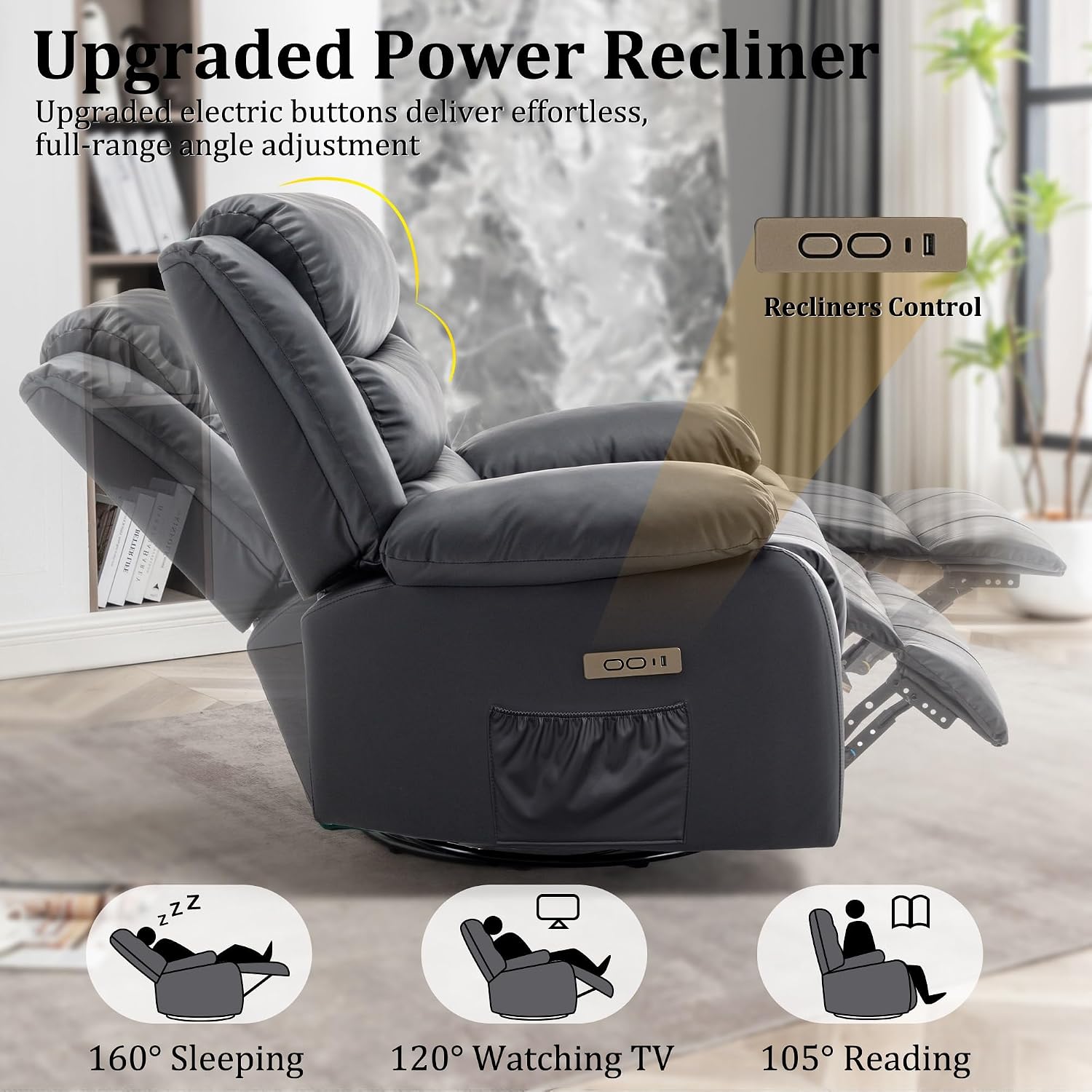 Korser Power Recliner Chair, Electric Rocker Recliner with Massage and Heat, 270° Swivel Glider, Oversized Wide Seat with USB Port, Cashmere Nursery Chair for Living Room, Black