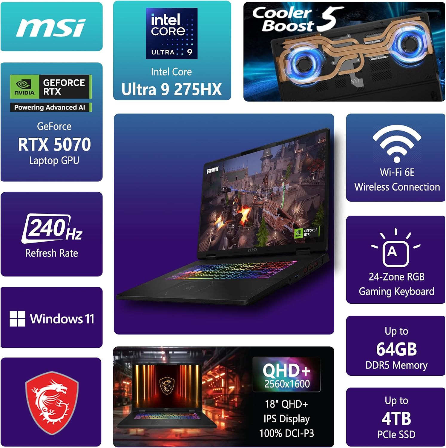 msi Crosshair 18 HX AI Gaming Laptop | 18' QHD+ IPS 240Hz | Intel Core Ultra 9 275HX | 32GB DDR5 2TB SSD | GeForce RTX 5070 (Up to 798 AI Tops) | RGB Backlit Thunderbolt 4 Win11 Pro w/DLCA Accessory
