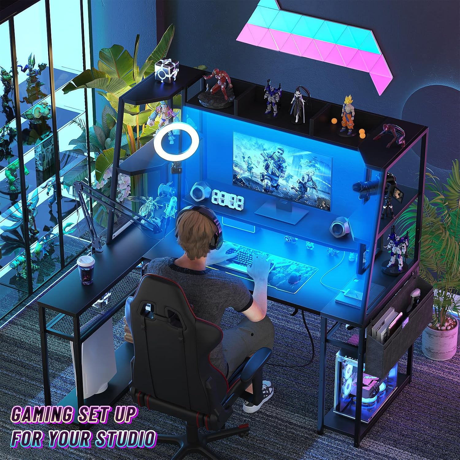 armocity L Shaped Gaming Desk with Hutch & Shelves, 47'' Computer LED Lights Power Strips, Reversible PC Shape Storage, for Monitor Stand, Black