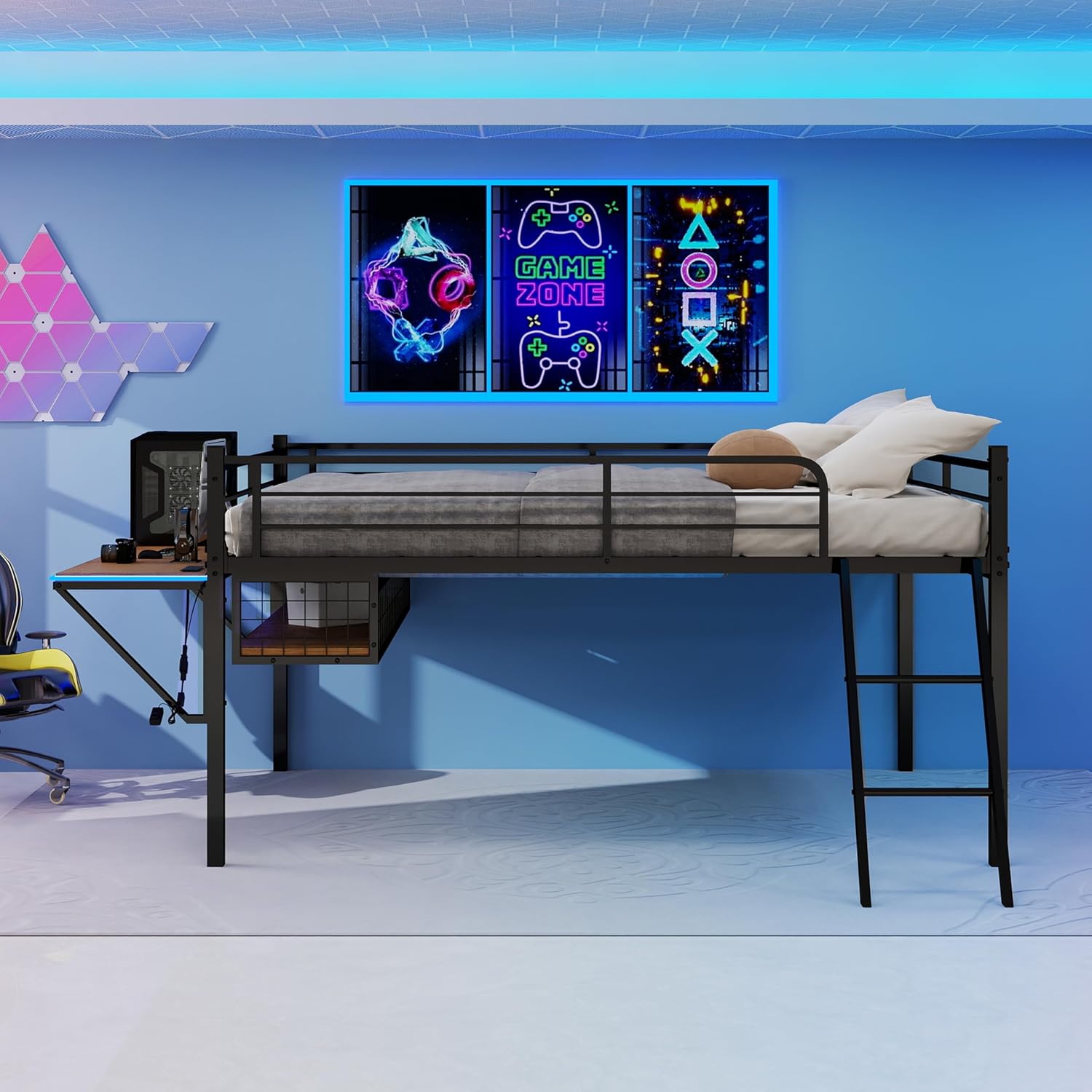 Linique Full Size Gaming Loft Bed with Desk, LED, Charging Station and Staircase, Metal Bed Frame with Vented Mesh Undercarriage Storage, Black + Light Brown