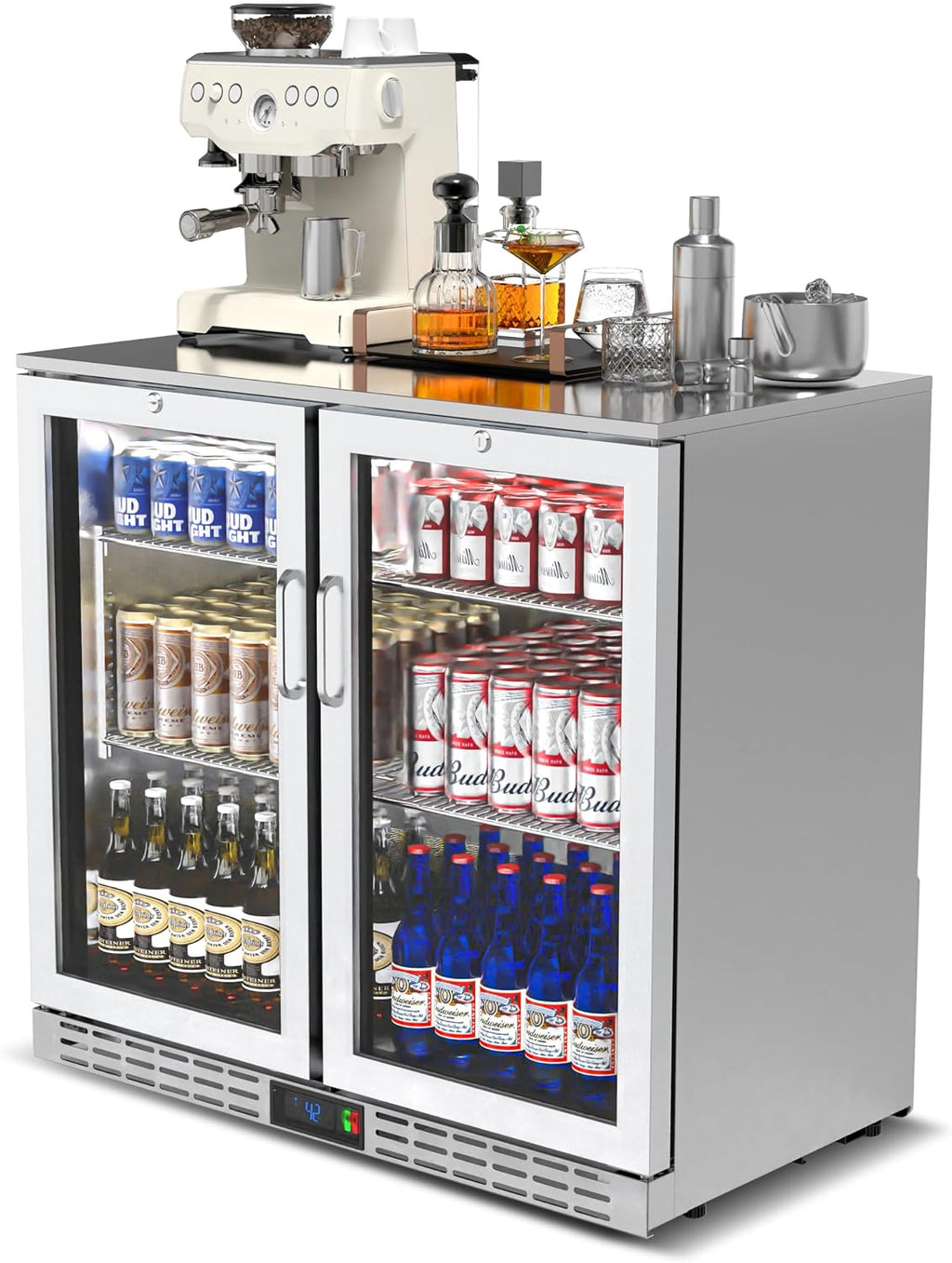 36 inch 7.4 cu.ft Back Bar Cooler Commercial Under Counter Beverage Refrigerator with 2 Glass Doors & LED Lighting, Stainless Steel Bottle Cooler for Home Bar Restaurant, Sliver, 115V, ETL Approved