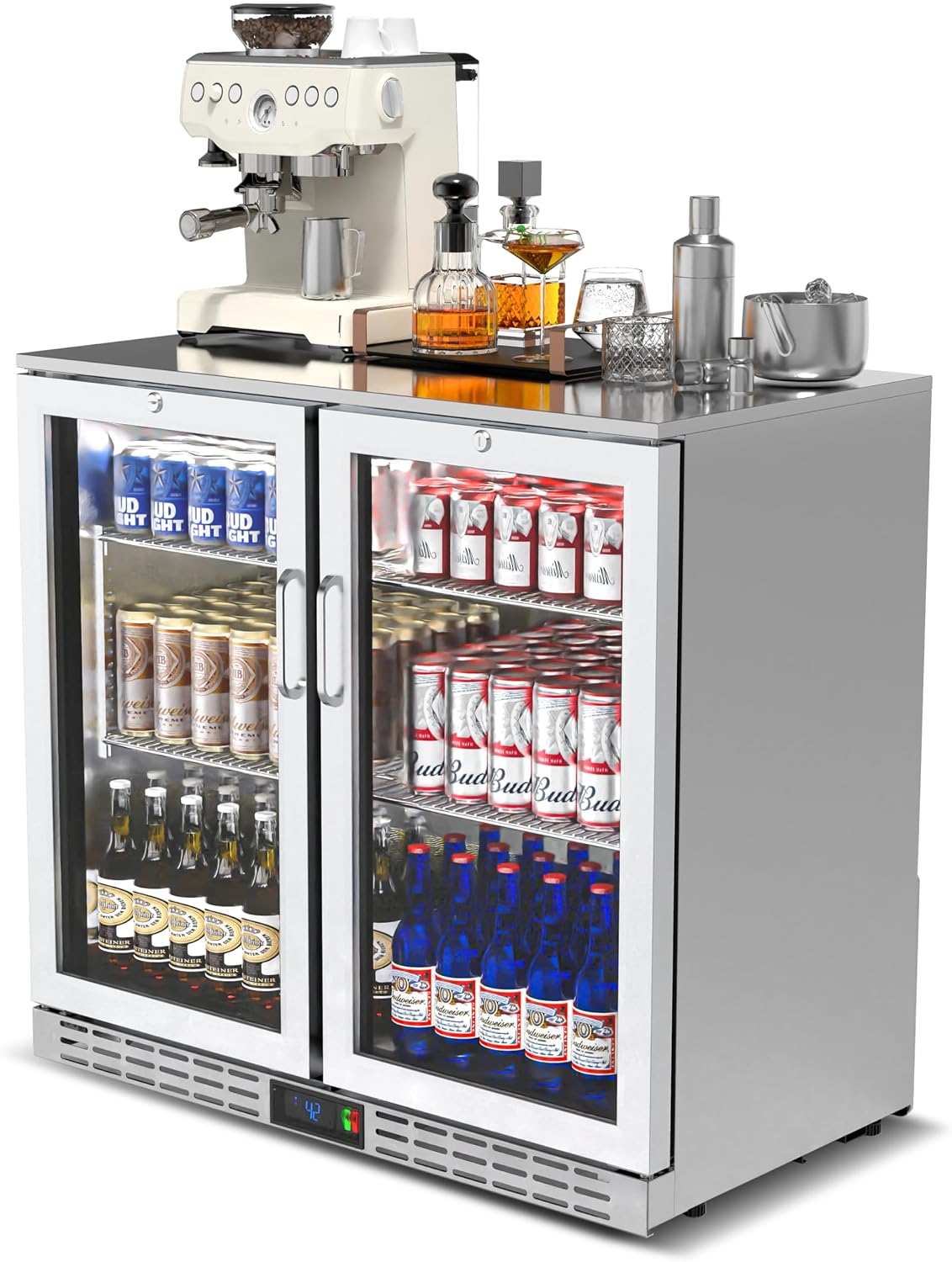 36 inch 7.4 cu.ft Back Bar Cooler Commercial Under Counter Beverage Refrigerator with 2 Glass Doors & LED Lighting, Stainless Steel Bottle Cooler for Home Bar Restaurant, Sliver, 115V, ETL Approved