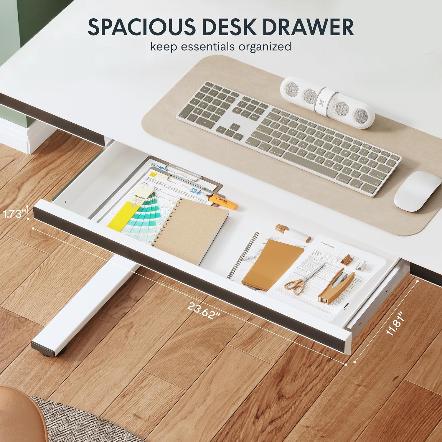 FLEXISPOT One-Piece 48' Standing Desk with Acrylic-Front Drawer, Fast-Assembly Ergonomic Sit-to-Stand Desk with MDF Top, 4 Height Memory Presets Touch-Control, Home Office Computer Workstation, White