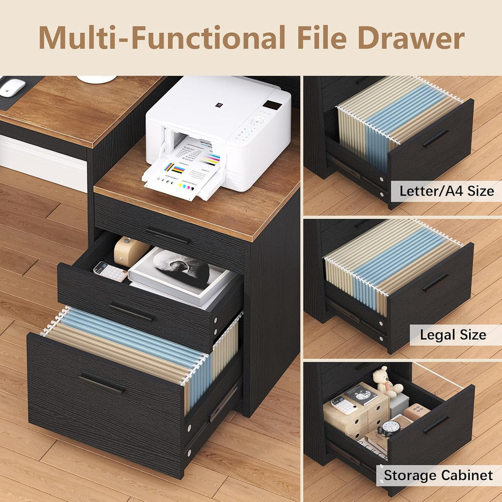 YOMILUVE Computer Desk with 3 Drawers & Storage Shelves, 65 Inch Home Office Desk with File Drawer & Cabinet, Writing Study Desks with Monitor Stand & Printer Shelf, Executive Desk, Brown and Black