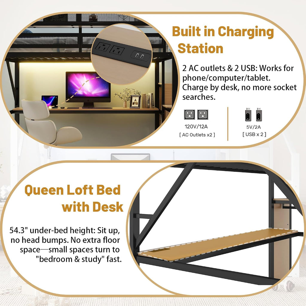 Queen Loft Bed with Desk, Stairs and Charging Station, Metal High Gaming Loft Bed Queen Frame with Storage Shelves, RGB Light & Closet, Heavy-Duty Beds for Adults,Teens, Kids, Black