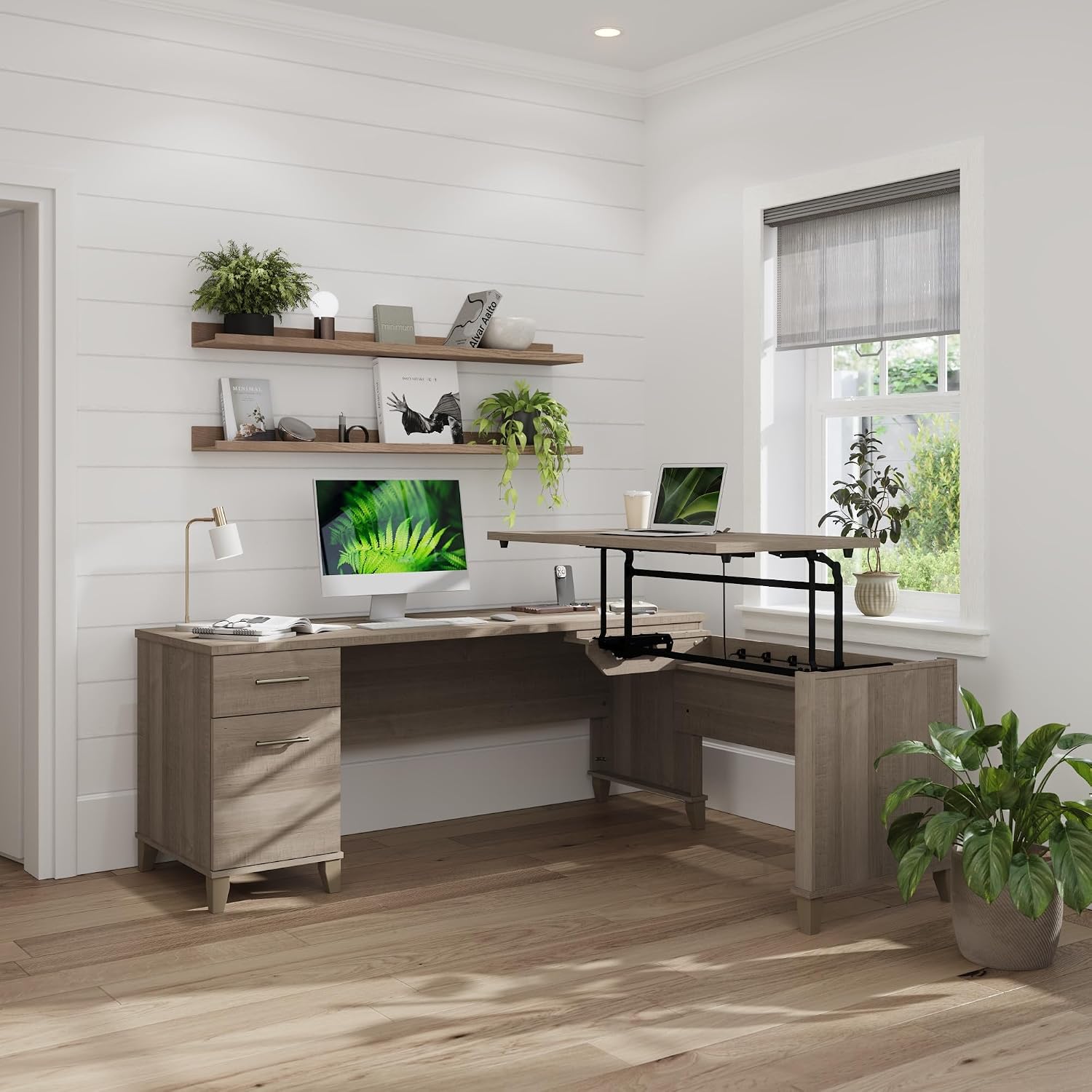 Bush Furniture Somerset 72W 3 Position Sit to Stand L Shaped Desk in Ash Gray
