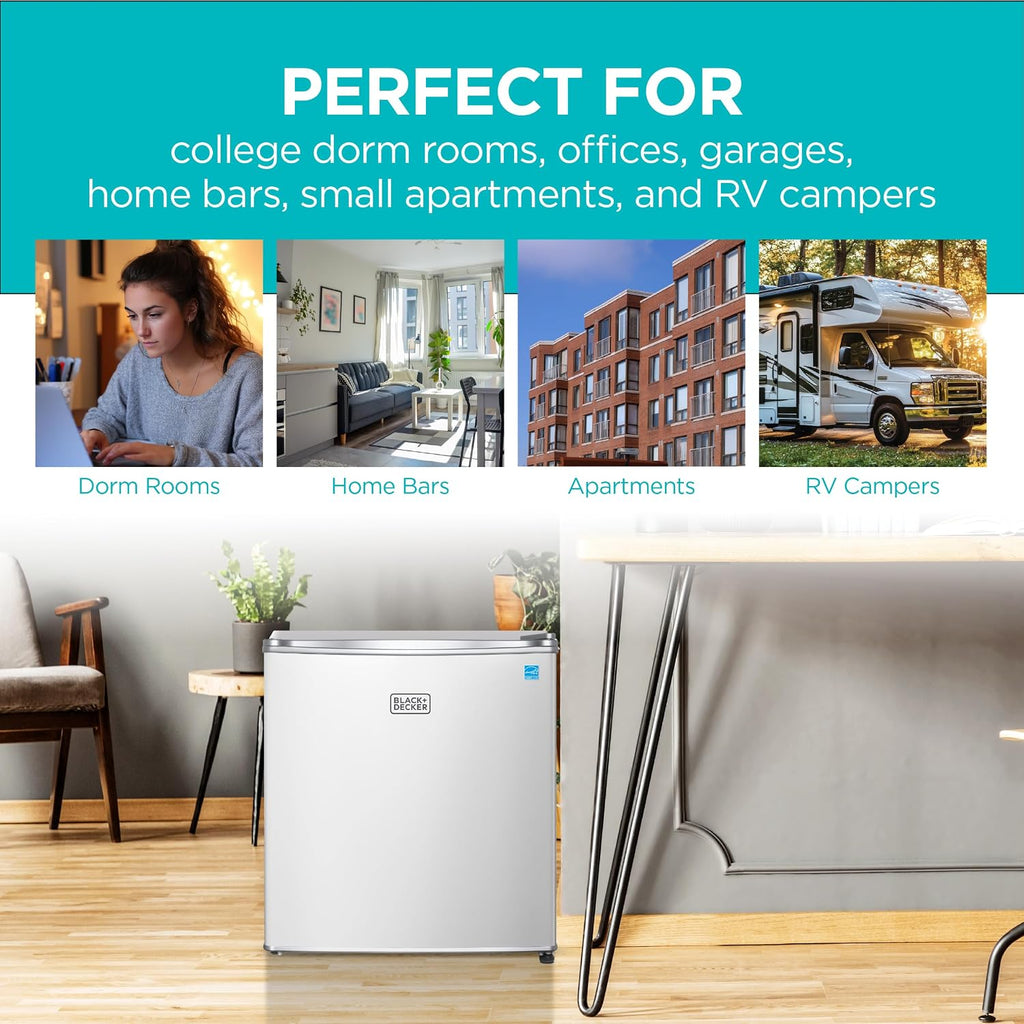BLACK+DECKER 1.7 Cu. Ft. Compact Refrigerator, ENERGY STAR Certified, Single Door Mini Fridge with Chiller Compartment, Personal Fridge for Home or Dorm Room, R600a Refrigerant, BCRK17W, White