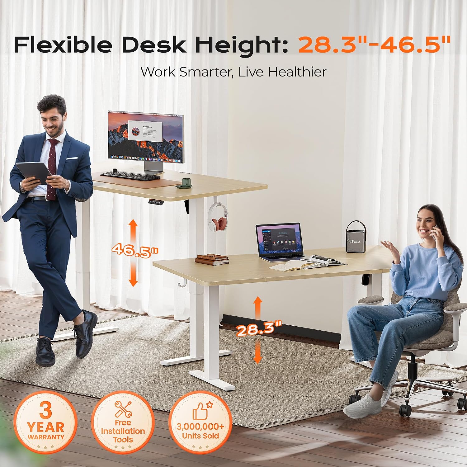 Huuger 63 x 28 Large Electric Standing Desk, Height Adjustable Computer Desk, 27.6' Deep Desktop, Stand up Gaming Office Table with 2 Hooks, 3 Preset Heights, for Home Office, Maple