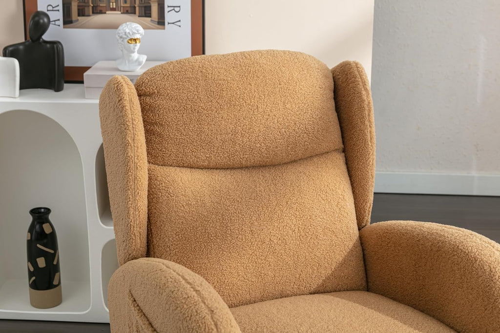Nursery Glider Chair - Wingback Teddy Upholstered Rocking Chair with High Backrest, Ergonomic Rocker Chair for Breastfeeding & Baby Room, Modern Accent Armchair for Living Room & Bedroom, Khaki