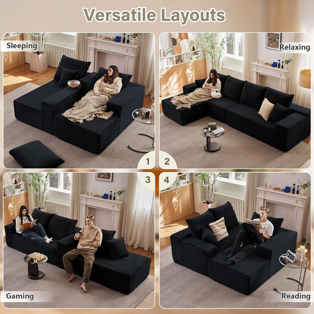 135' Modular Sectional Couches for Living Room, Comfy Boneless L Shaped Cloud Couch with Chaise Lounge, Modern Cozy Corduroy Deep Seat Floor Sofa, Memory Foam, No Assembly Required, Black