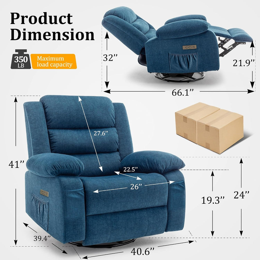 Korser Power Recliner Chair, Electric Rocker Recliner with Massage and Heat, 270° Swivel Glider, Oversized Wide Seat with USB Port, Cashmere Nursery Chair for Living Room, Blue