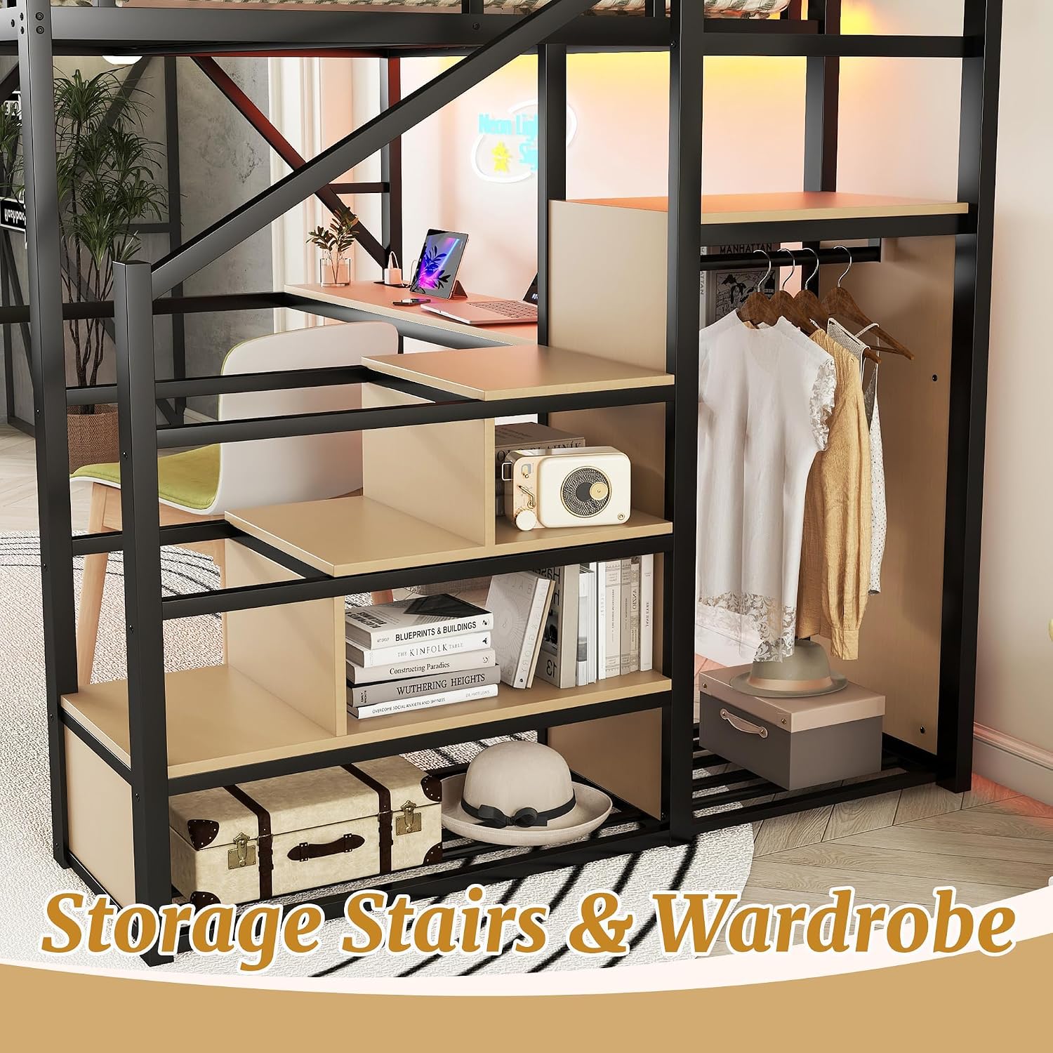Full Size Loft Bed with Stairs & Desk, Metal High Gaming Loft Bed Full Frame with Storage Shelves, RGB Light & Charging Station, Heavy-Duty Beds with Closet for Adults,Teens, Kids, Black