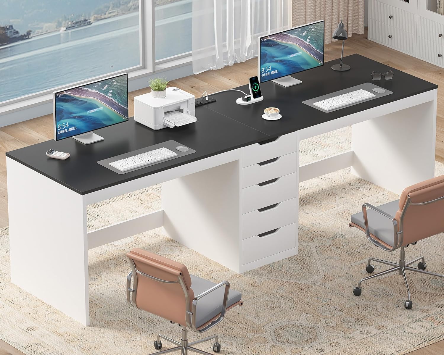 YOMILUVE 2 Person Desk with 5 Drawers and Power Outlets, 78.7 Inch Long Computer Desk with Storage File Cabinet, Two Person Home Office Double Desk with Storage, Black and White