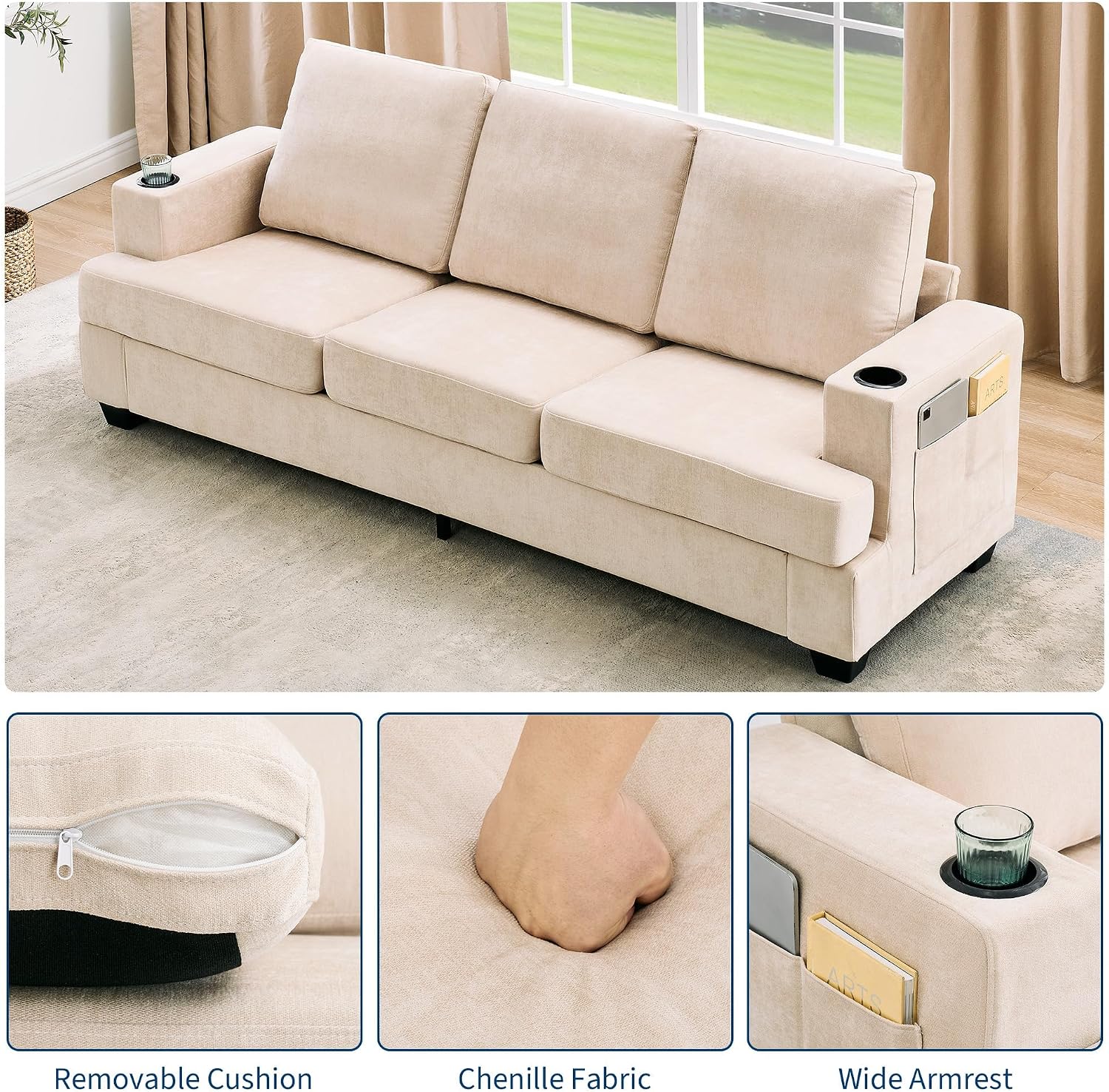 GarveeHome Modern 89 in 3-Seater Sofa for Living Room, Comfy Couches with Deep Seat, Chenille Couch with Cup Holders and Side Storage Pockets for Apartment Lounge, Beige