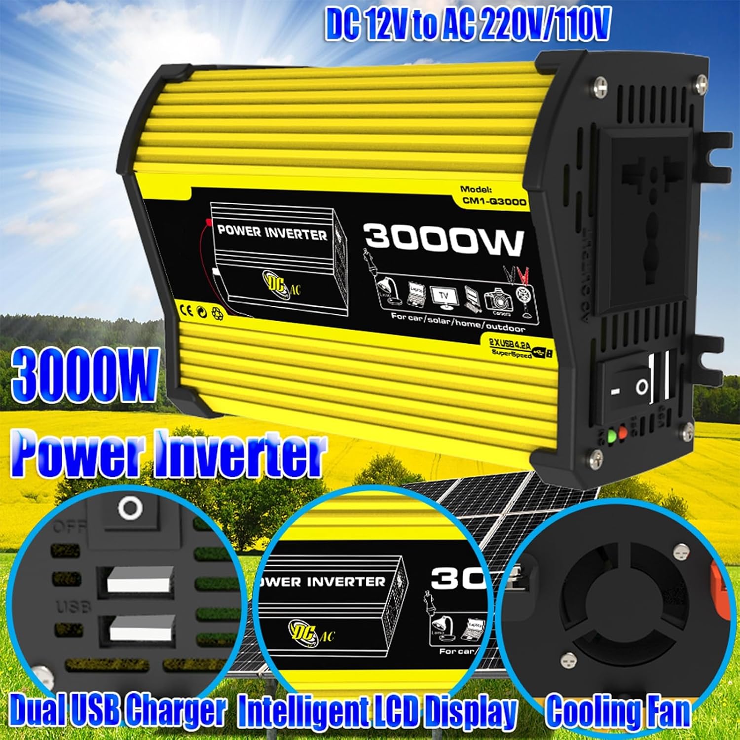 3000W Solar Power System with 100W Adjustable Panels, 50A Controller and 3000W Inverter, Fast Charging for Home and RV Off-Grid Use(Yellow,12V-110V)