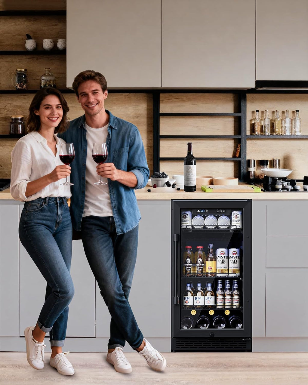 18 inch Glass Door Beverage Refrigerator – 160 Can Mini Fridge for Wine, Beer, Soda, Ideal for Home, Office, or Bar, Under Counter Built-In Design (Metal Black,)