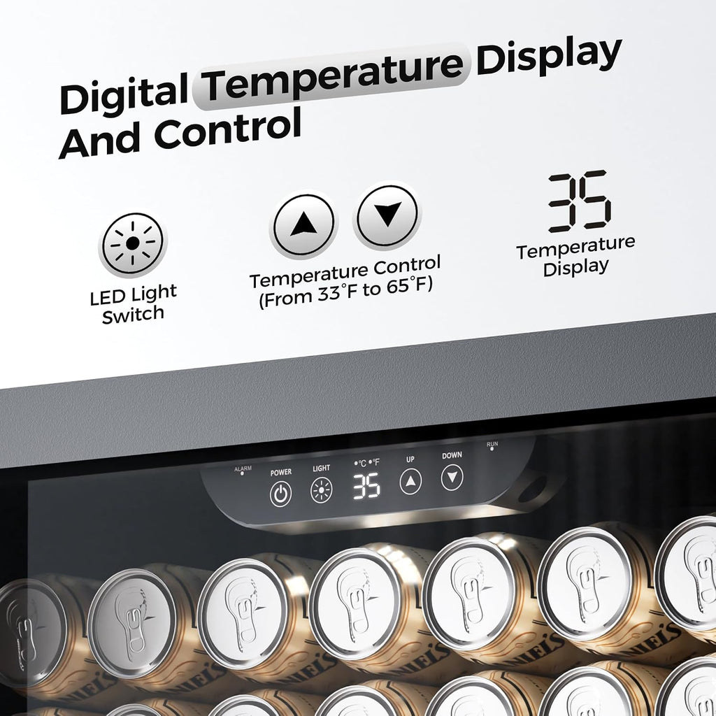 Coolake 24 Inch Wide Under Counter Beverage Refrigerator, 180 Can Capacity Beverage Cooler with Glass Door, Built in or Freestanding, Drink Fridge for Basement, Kitchen, Office