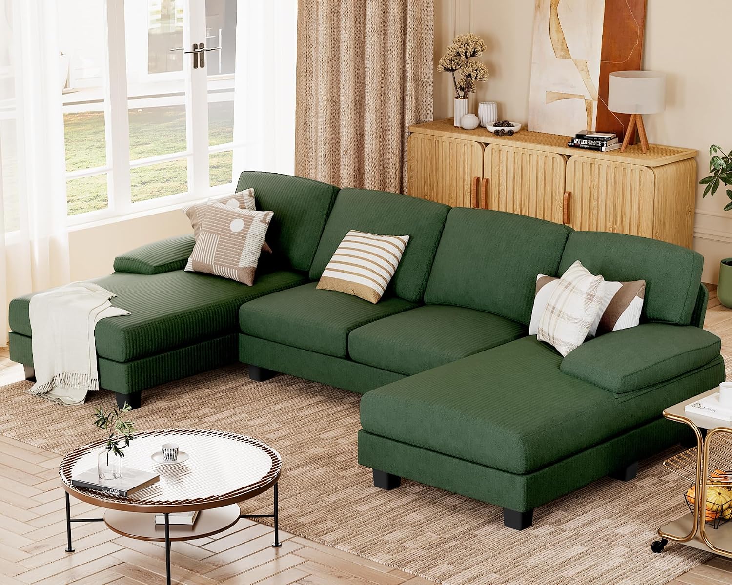 JUMMICO Sectional Couches for Living Room, U Shaped Couch with Chenille Fabric, 4 Seat Modern Sofa with Removable Pillows for Apartment and Small Space (Corduroy, Light Green)