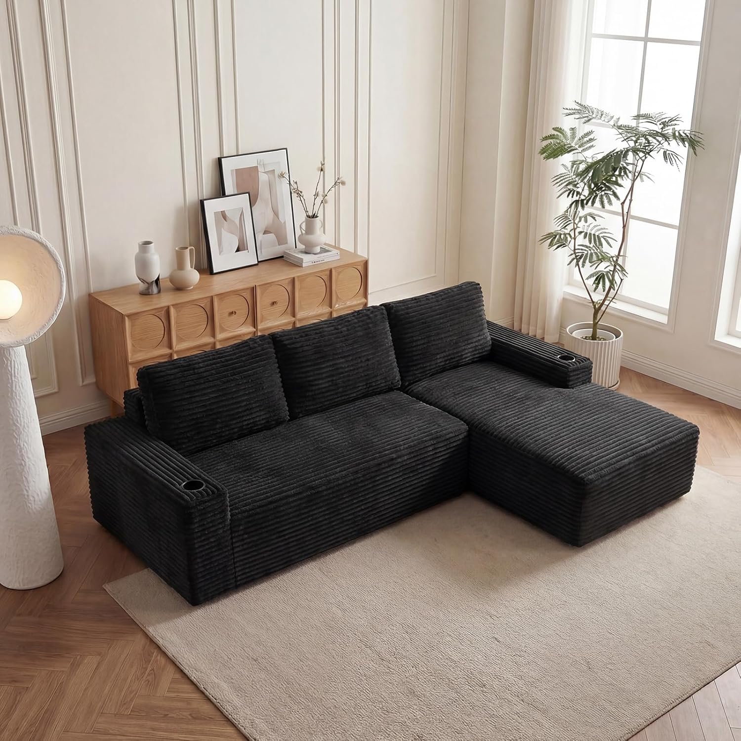 104' L Shaped Boneless Sectional Couches for Living Room, Comfy Corduroy Floor Cloud Sofa with Chaise and Cup Holder, Wide Armrest, Deep Seat, Assembly Free, Ideal for Small Spaces, Black