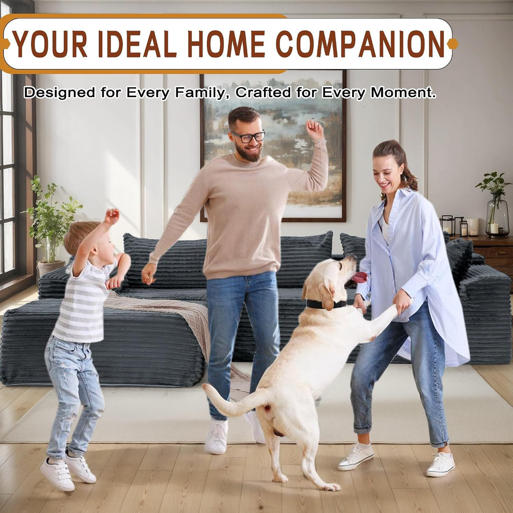 Korser 110' L-Shaped Modular Sectional Sofa with Chaise, Boneless Comfy Corduroy Fluffy Couch with Deep Seat and Side Pockets, Flexible Module Combination for Living Room, No Assembly, Side Pockets
