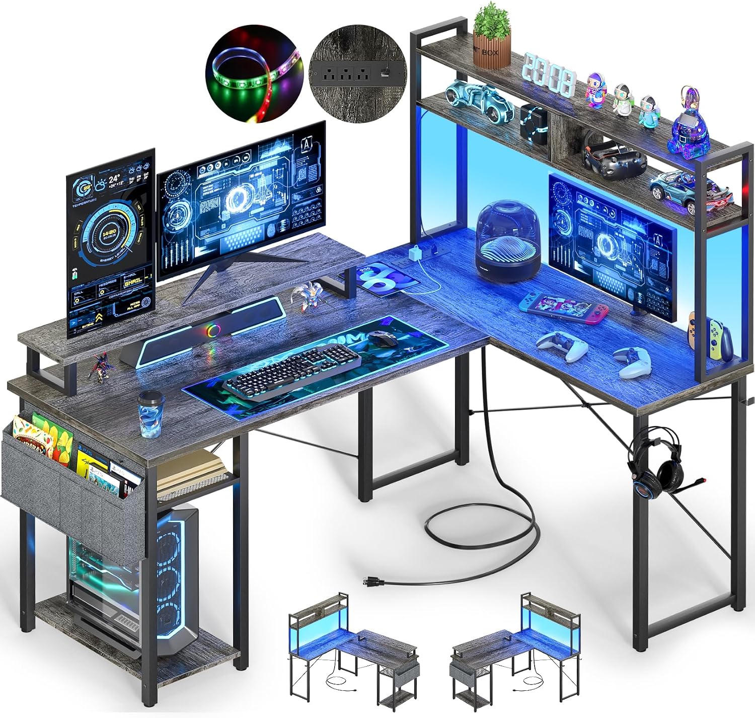 Besiost Small L Shaped Gaming Desk with Power Outlets, 48' Reversible L Shaped LED Computer Desk with Monitor Stand & Storage Shelf, Corner Gamer Desk Home Office Desk with Storage Bag, Black Oak
