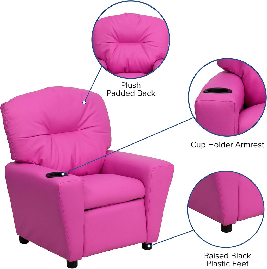 EMMA + OLIVER Hot Pink Vinyl Kids Recliner with Cup Holder
