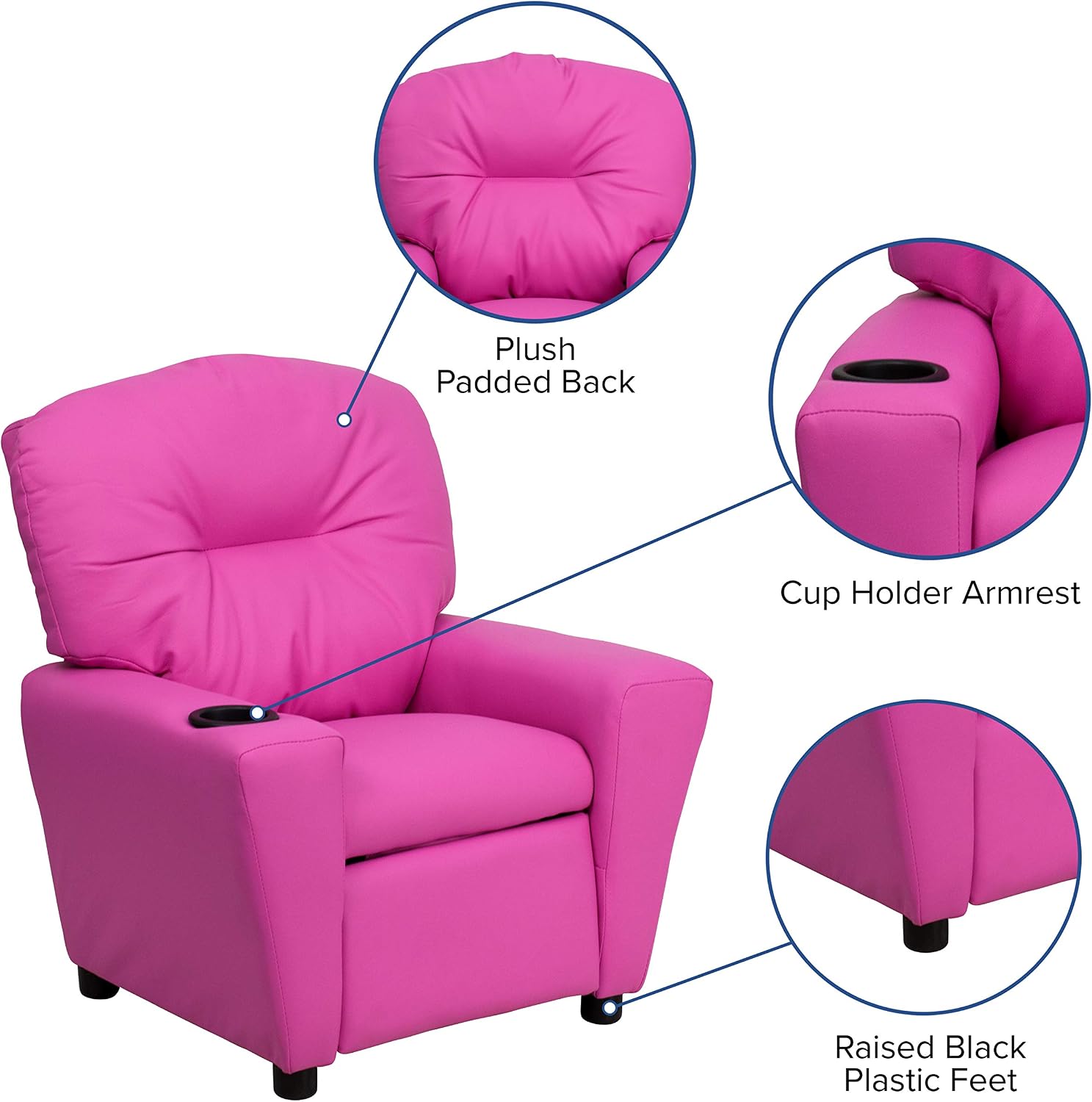 EMMA + OLIVER Hot Pink Vinyl Kids Recliner with Cup Holder