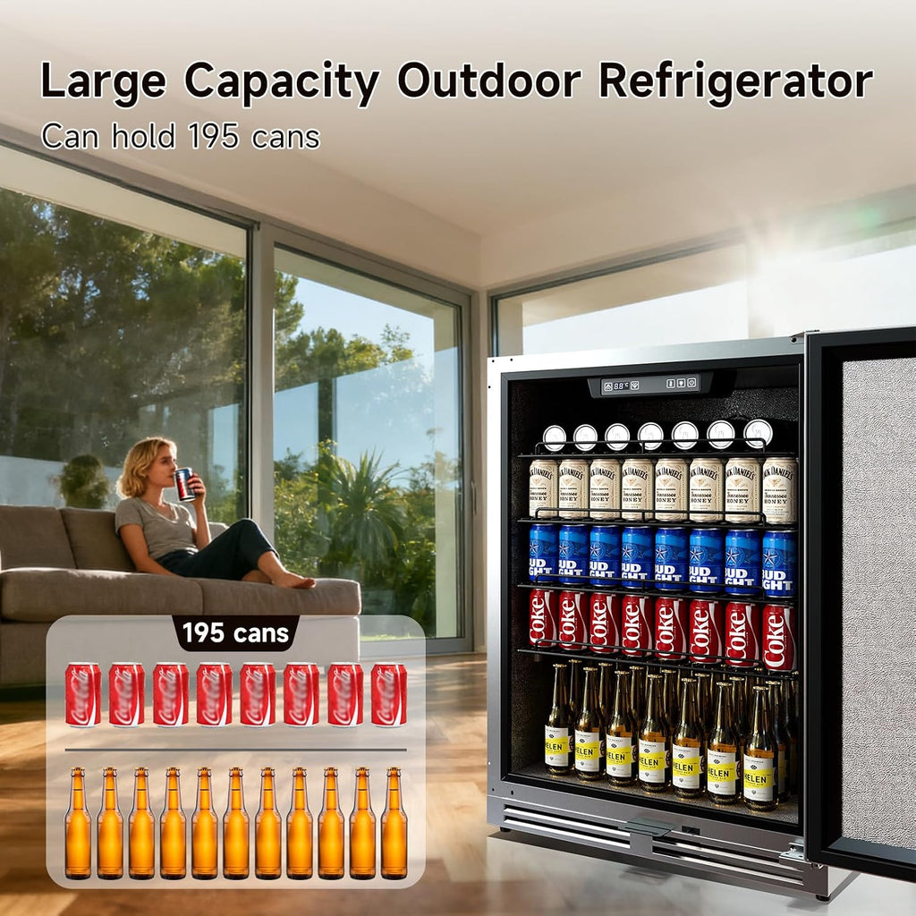 24 Inch Indoor Outdoor Beverage Refrigerator, Stainless Steel Beverage Cooler, Under Counter Built-in or Freestanding Fridge for Patio, Home Bar & Commercial Use, Holds 195 Cans, 34-46℉