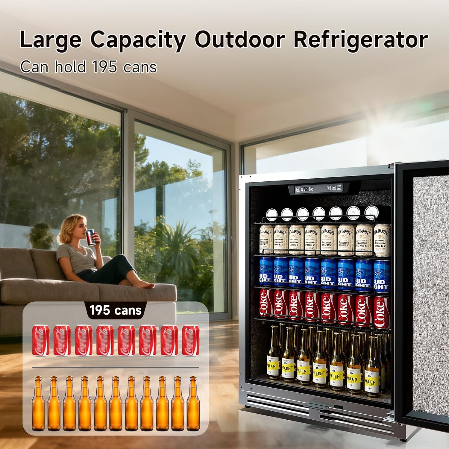 24 Inch Indoor Outdoor Beverage Refrigerator, Stainless Steel Beverage Cooler, Under Counter Built-in or Freestanding Fridge for Patio, Home Bar & Commercial Use, Holds 195 Cans, 34-46℉