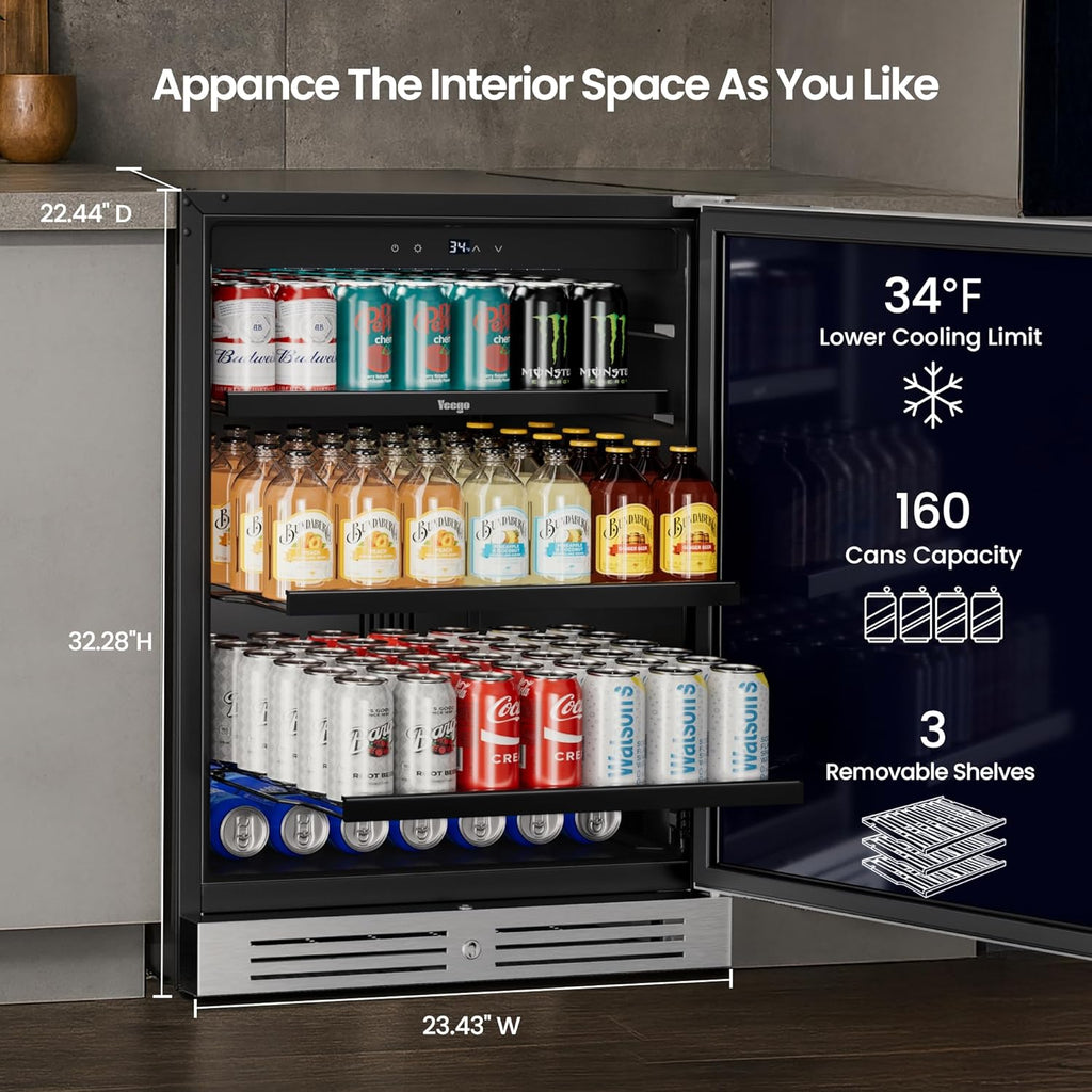 Yeego 24 Inch Beverage Refrigerator, 160-Can Beverage Cooler with Lock & Auto Defrost, Stainless Steel Indoor & Covered Outdoor Beverage Fridge, Freestanding or Under Counter for Beer, Soda & Wine