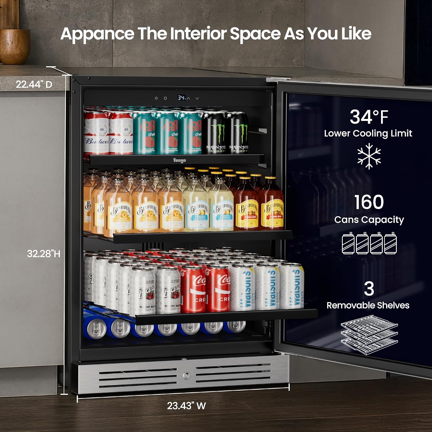 Yeego 24 Inch Beverage Refrigerator, Up to 160 Cans, Beverage Cooler with Lock, Auto Defrost, Digital Temperature Control, Stainless Steel for Indoor & Covered Outdoor Use, Built-in or Freestanding