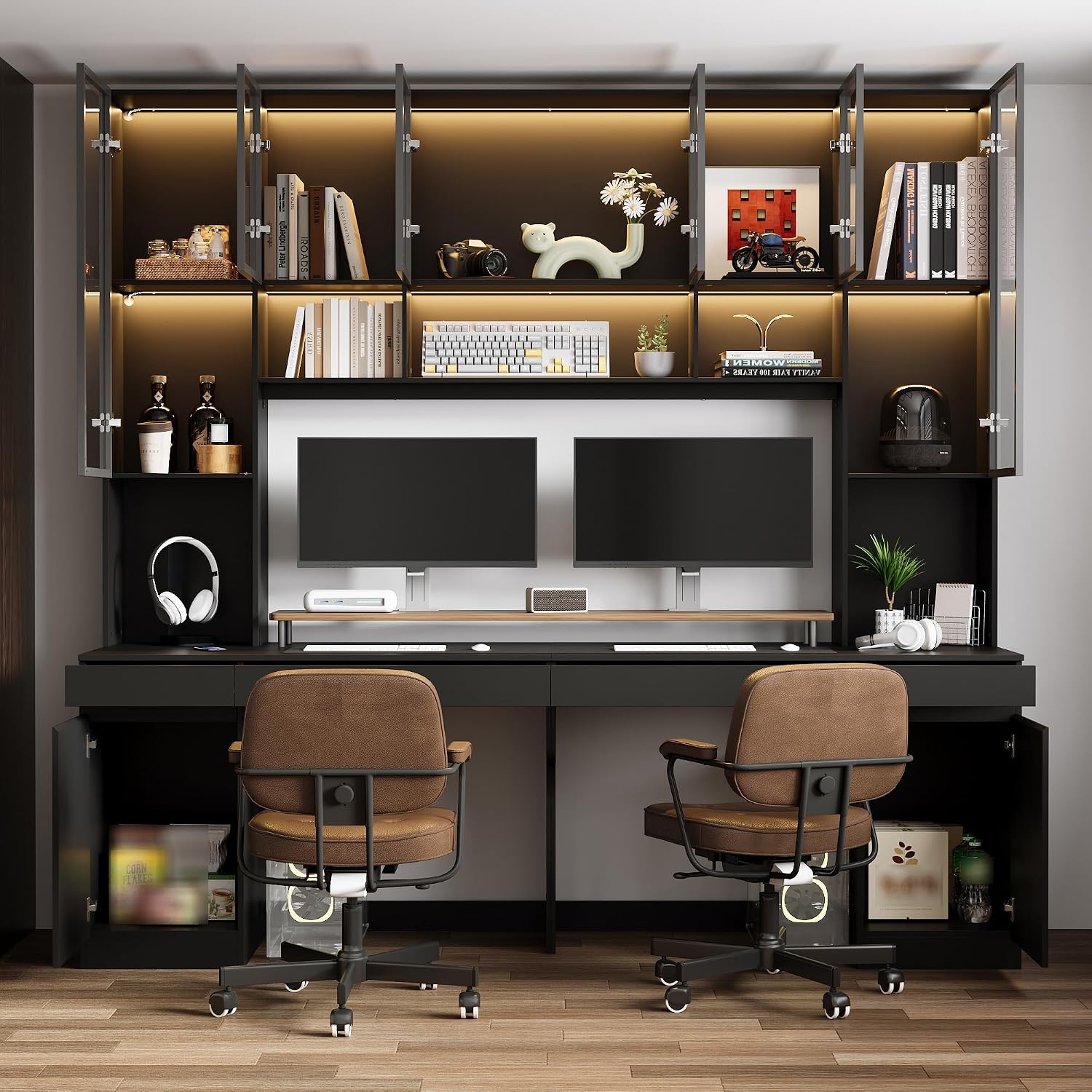 WOODTIME Large Two Person Computer Desk with Bookshelf and Lights, Study Writing Gaming Table Workstation with 4 Drawers & 14 Shelves for Home Office, White