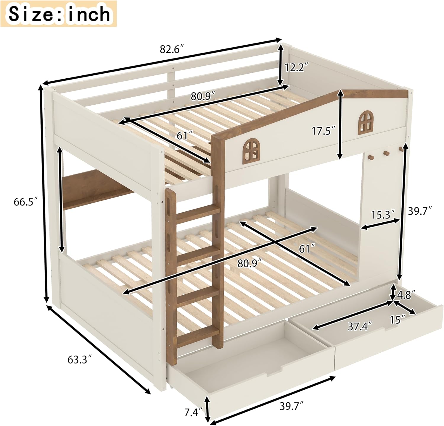 Queen Over Queen Bunk Bed with Storage Drawers, Hooks and Storage Shelves, Solid Wood Bunk Beds for Kids Teens, Bedroom Space-Saving Furniture (Beige+Natural/D)