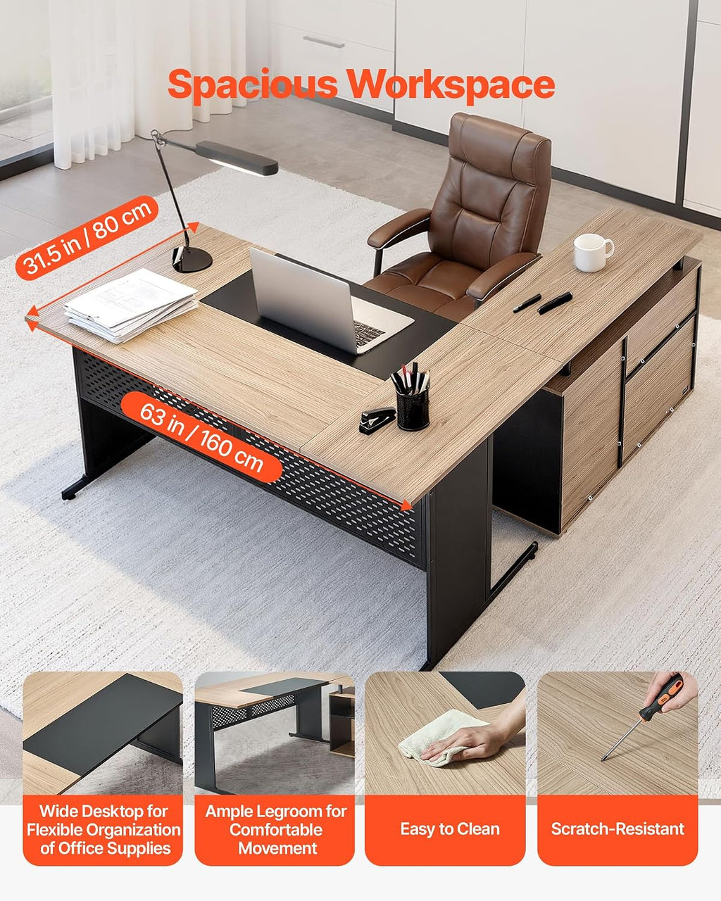 VEVOR 63' L-Shaped Executive Desk, Large Office Desk with Drawers, File Storage Cabinet, Detachable 350 LBS Load Capacity Corner Table, Easy Assembly, Business Furniture Workstation for Home Office