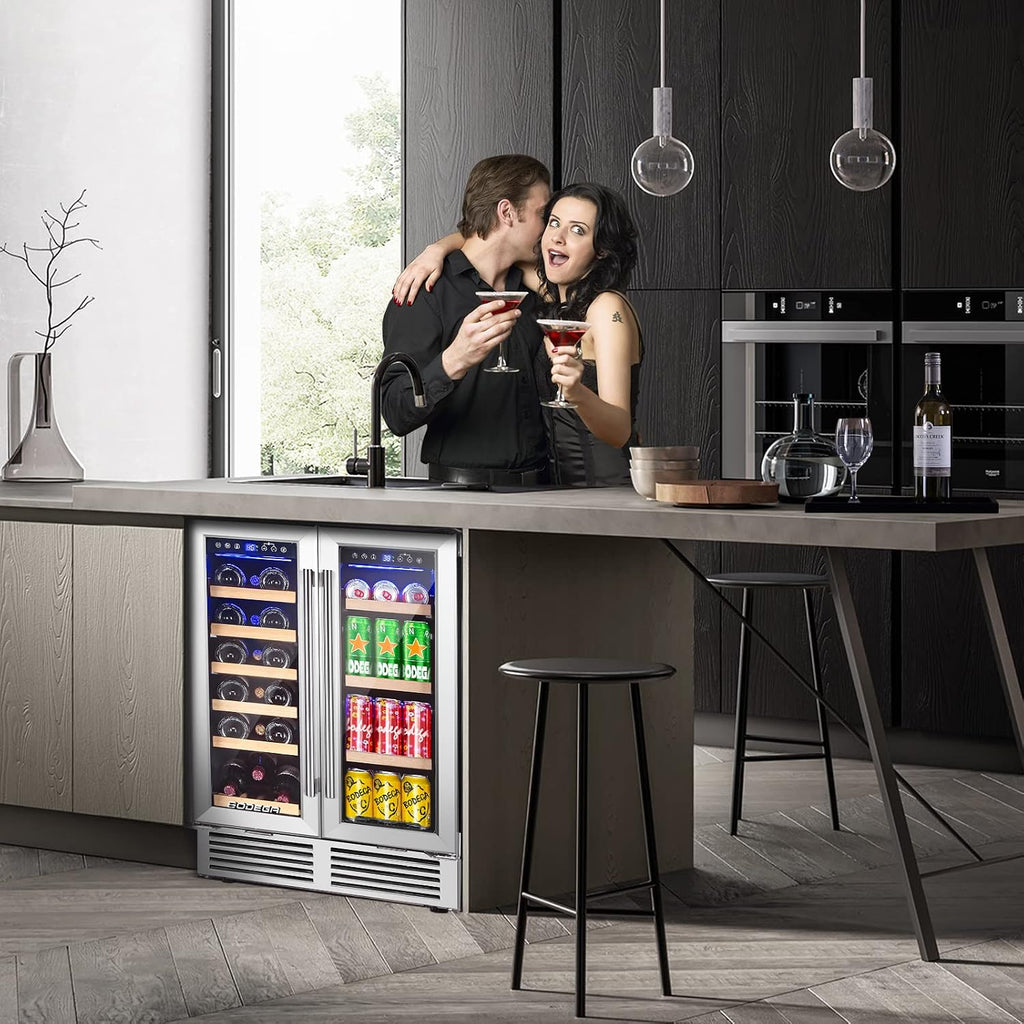 BODEGA 24 Inch Wine and Beverage Refrigerator, 2 Door Commercial Back Bar Cooler, Dual Zone Wine Cooler with Smart APP Control, Black Bar Fridge Hold 19 Bottles and 57 Cans, Built-In or Freestanding.