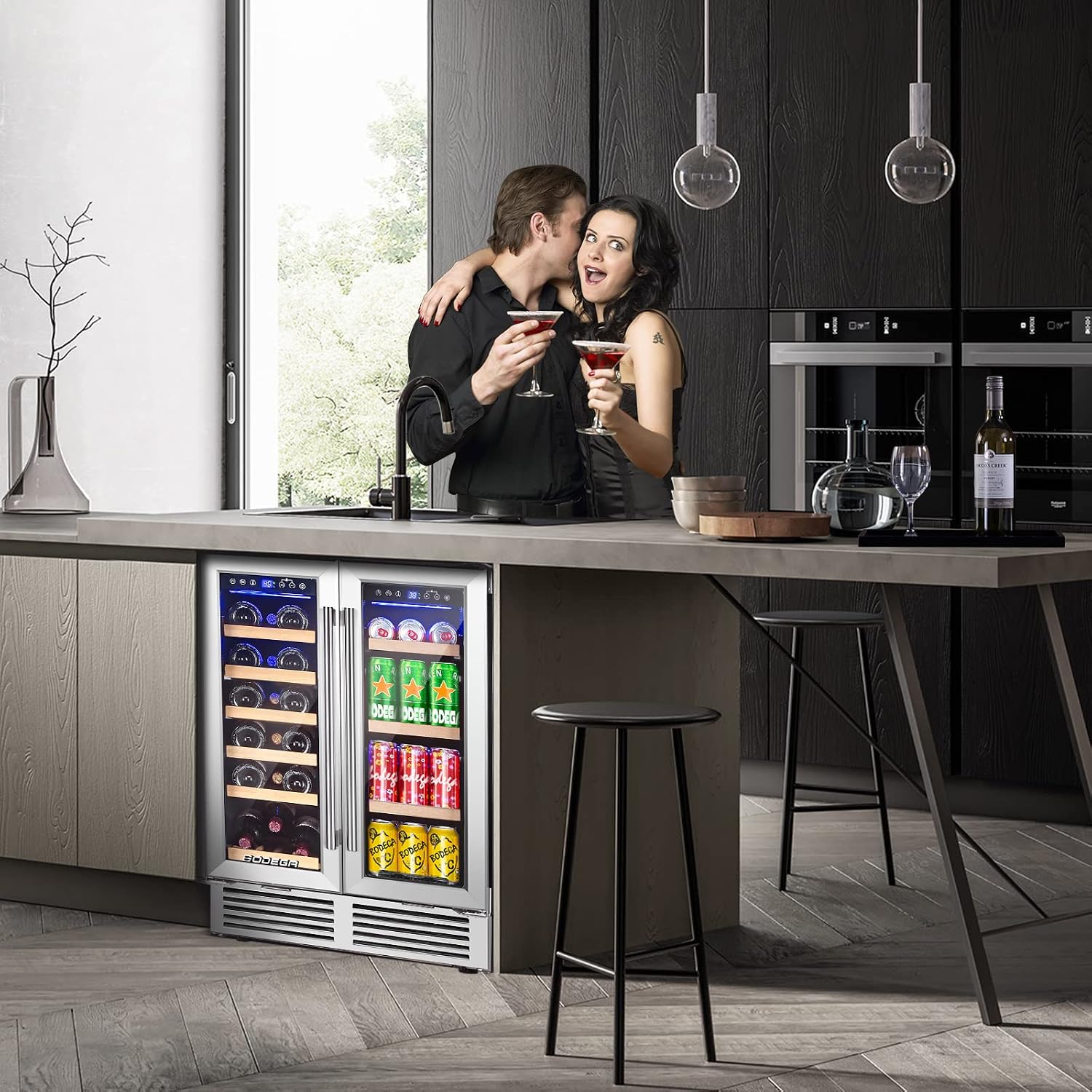 BODEGA 24 Inch Wine and Beverage Refrigerator, 2 Door Commercial Back Bar Cooler, Dual Zone Wine Cooler with Smart APP Control, Black Bar Fridge Hold 19 Bottles and 57 Cans, Built-In or Freestanding.
