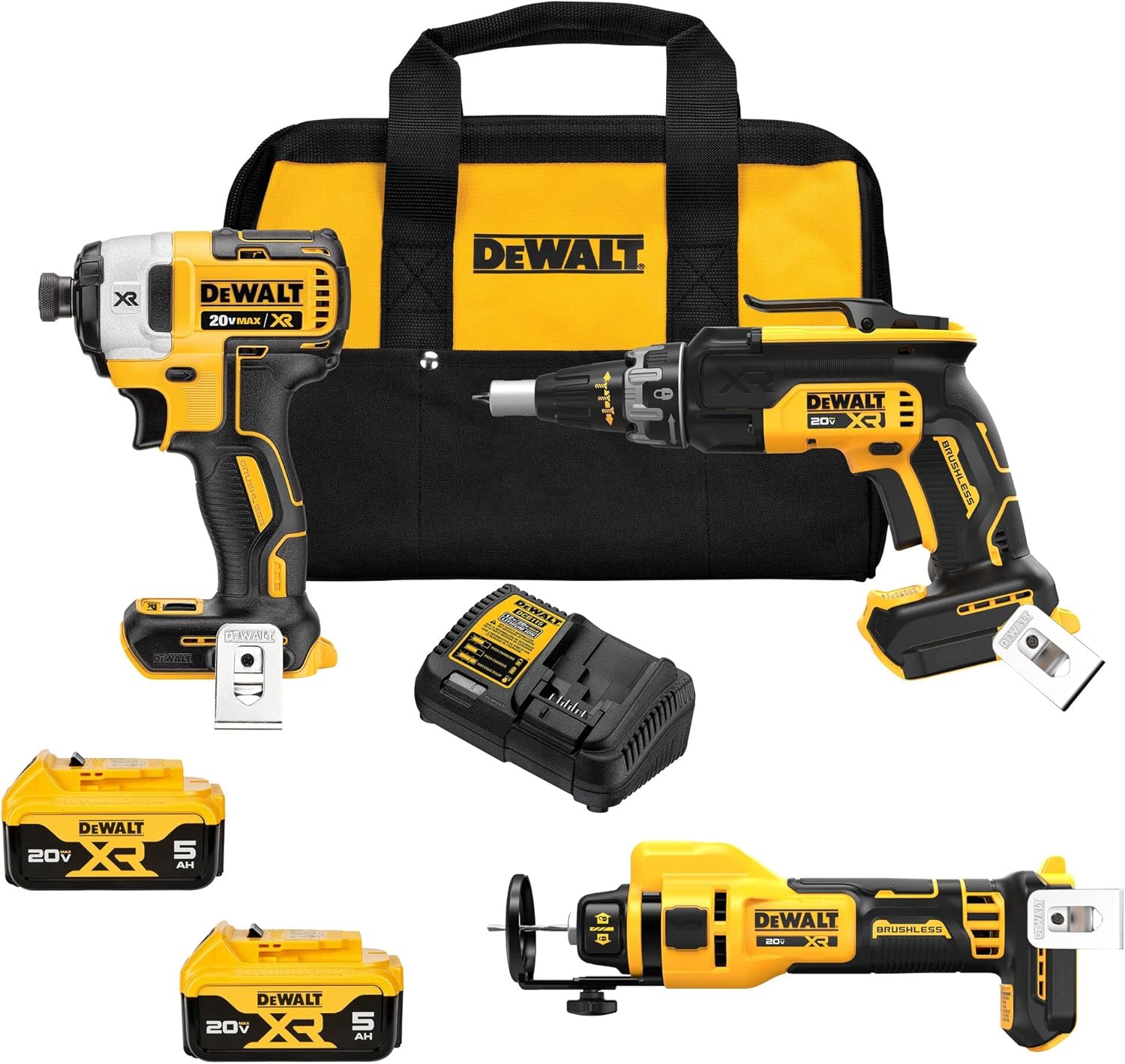 DEWALT 20V MAX XR Drywall Cutting Tool Combo Kit, Cut Out Tool, Drywall Screwgun, Impact Driver, with Batteries, Charger, and Collets Included, 5.0Ah (DCK303P2)