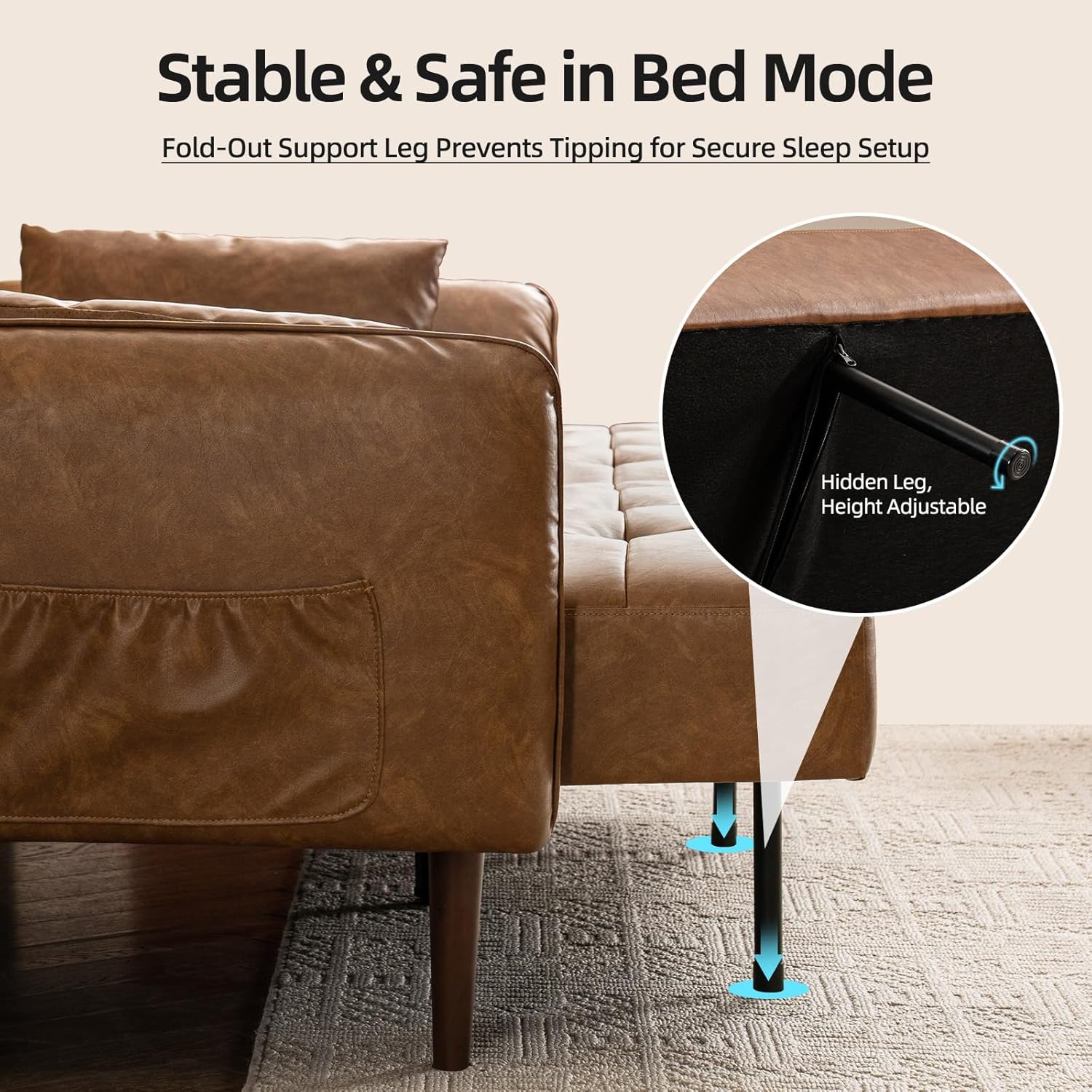 HALLYBEE 85' Futon Sofa Bed, Sleeper Sofa, Small Couch with Storage Adjustable Armrests Pillows, Faux Leather Loveseat, Mid Century Modern Couches for Living Room, Bedroom, Apartment, Brown
