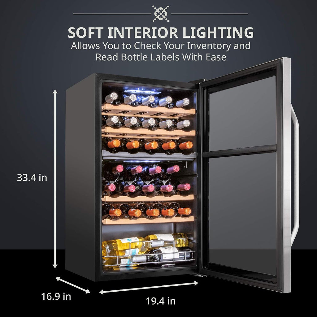 Ivation 33 Bottle Dual Zone Wine Cooler Refrigerator w/Lock | Large Freestanding Wine Cellar For Red, White, Champagne & Sparkling Wine | 41f-64f Digital Temperature Control Fridge Stainless Steel
