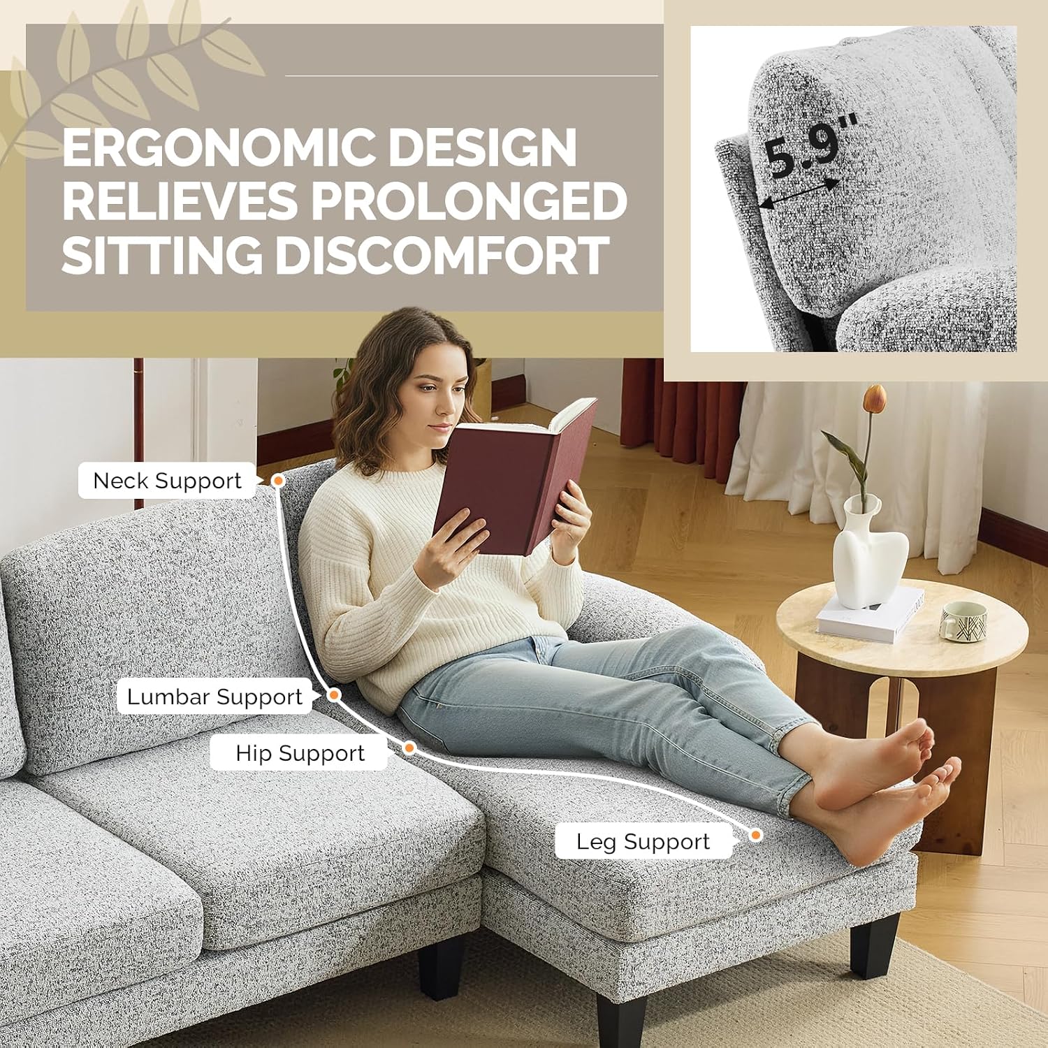 VINGLI 110' U-Shaped Sectional Couch with Two Chaise, Affordable Small Sofa with 4 Seats, Chenille Fabric Comfy Couches for Living Room, Light Grey