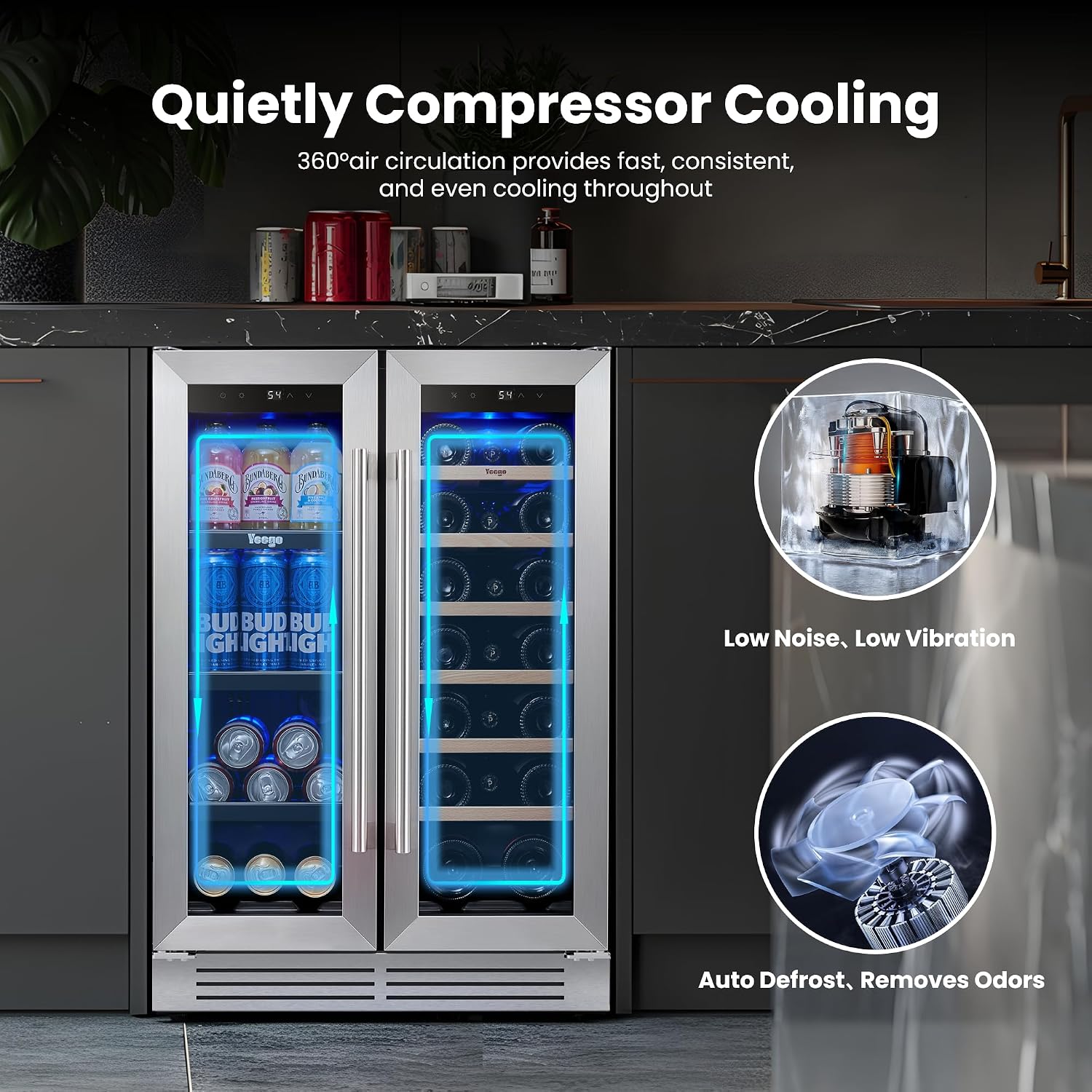 Yeego Wine and Beverage Refrigerator, 24 Inch Dual Zone Wine Fridge with Glass Door, 36-72℉ Beer Cooler Holds 20 Bottles and 60 Cans, Built-In or Freestanding Beverage Cooler for Home Bar Office