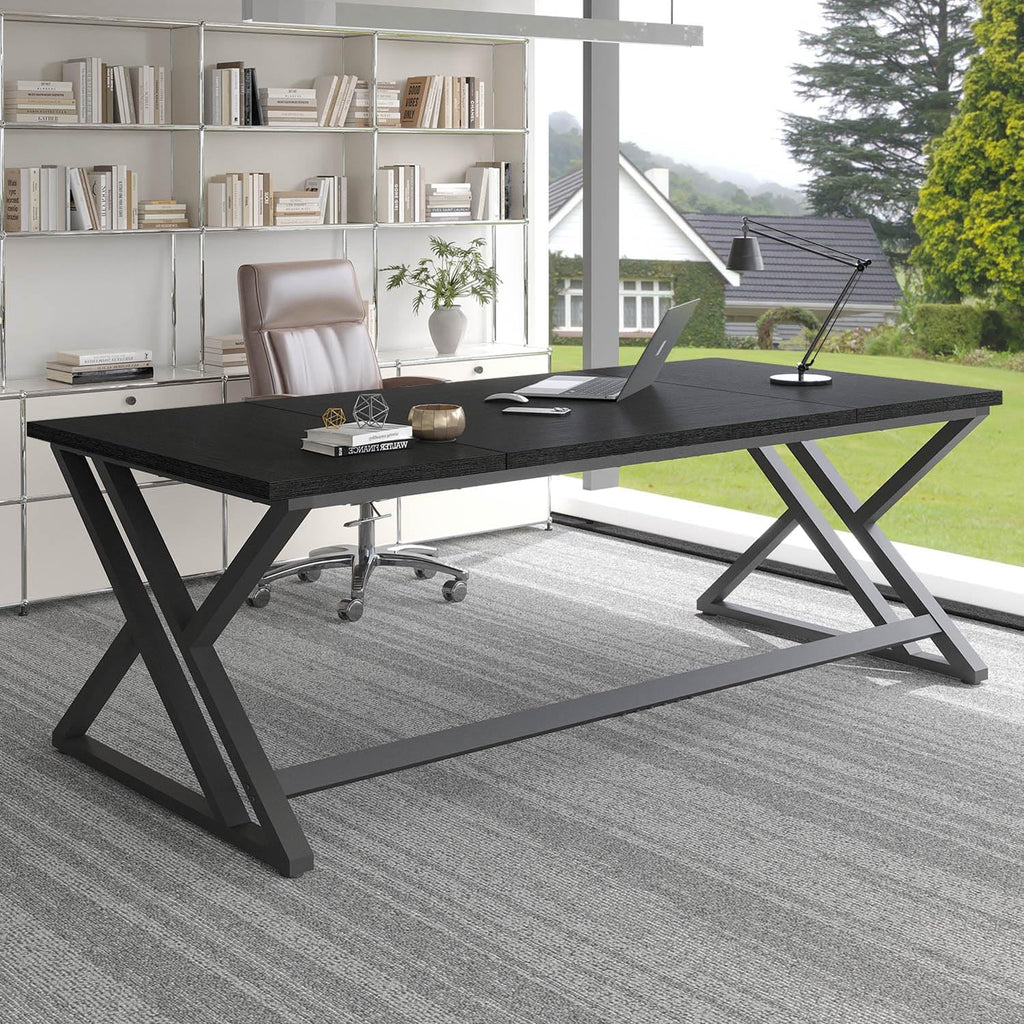 LVB 70.8' Black Computer Desk, Large Industrial Pc Study Home Office Desk, Long Modern Wood Gaming Work Writing Desk for 2 Person, Farmhouse Double Workstation Executive Desk with Storage in Bedroom