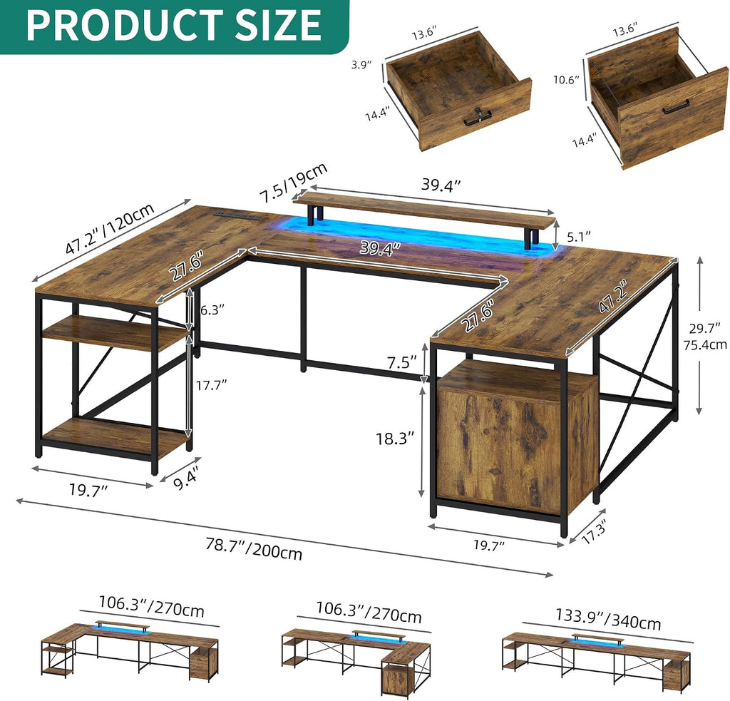 YITAHOME U Shaped Desk with Power Outlets & LED Lights, 79' Reversible L Shaped Desk with Drawers, Corner Computer Desk Office Desk with Monitor Stand & Storage Shelves, Rustic Brown