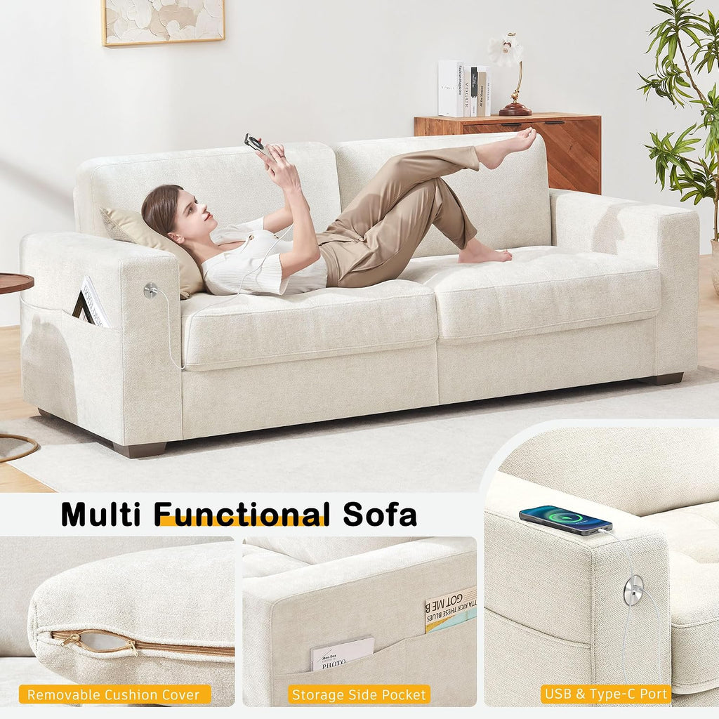 Hanherry 89' Sofa for Living Room, Modern Comfy Sofa with Medium Firm Seat Cushion, Removable Cover,Wide Armrest,USB/Type-C Port,Chenille Fabric Couches for Small Space,Apartment