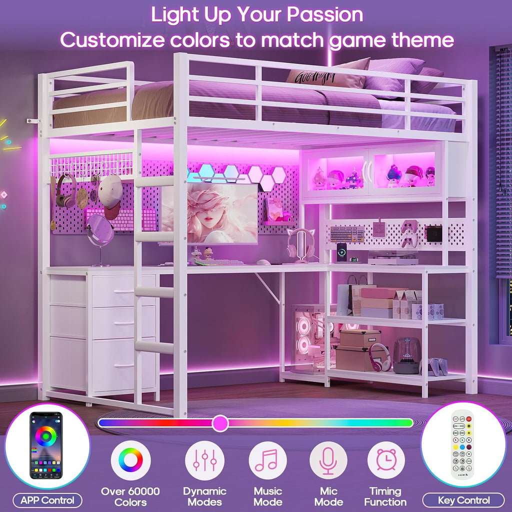 ADORNEVE Loft Bed Full Size with L-Shaped Gaming Desk, Arcylic RGB Hutch & Safety Charging Station, Metal Loft Bed with Storage Drawer, Safety Guardrail & Ladder, Space Saving for Teen Girls, White