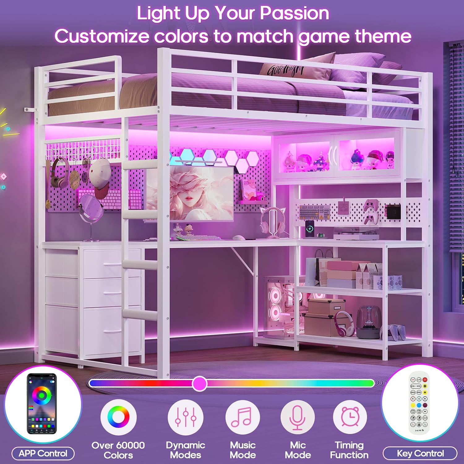 ADORNEVE Loft Bed Full Size with L-Shaped Gaming Desk, Arcylic RGB Hutch & Safety Charging Station, Metal Loft Bed with Storage Drawer, Safety Guardrail & Ladder, Space Saving for Teen Girls, White