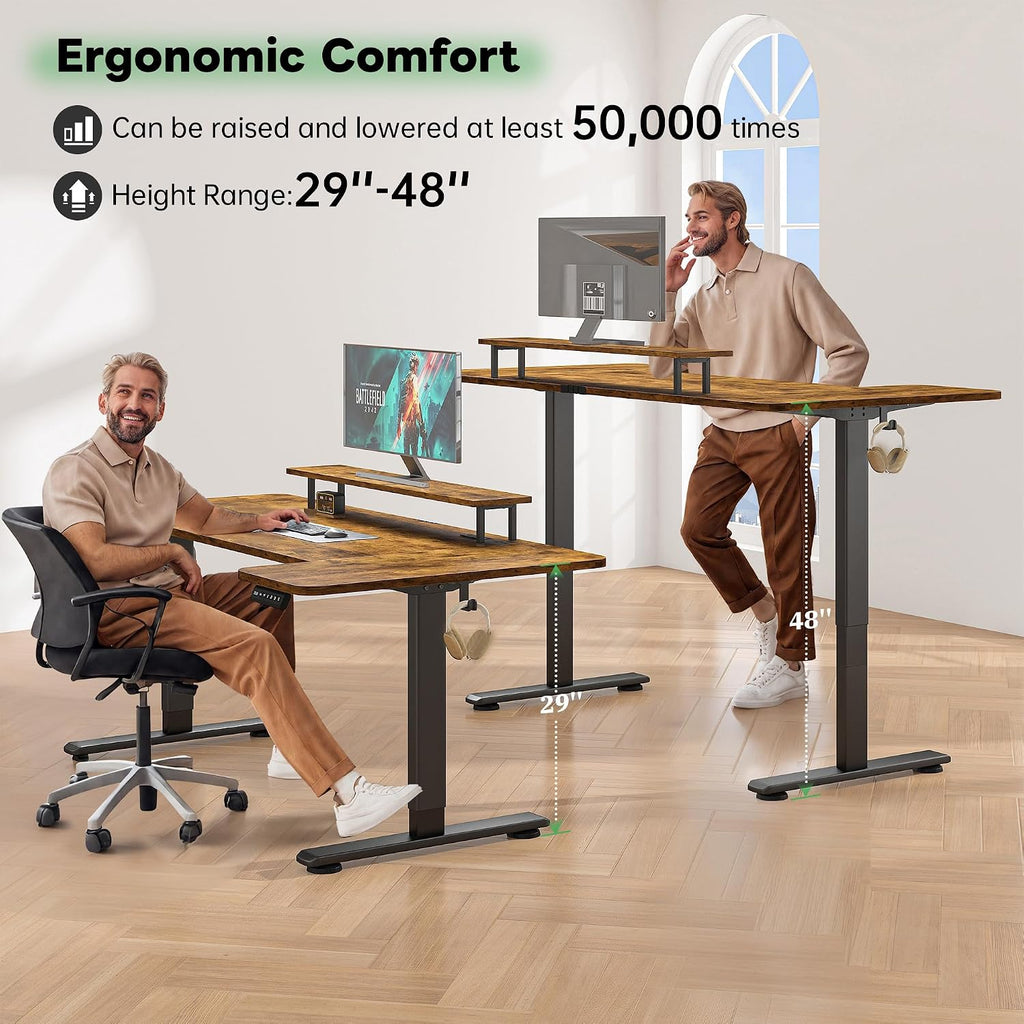 EnHomee 71 x 36 Inch U Shaped Electric Standing Desk, Height Adjustable Desk with Power Outlet, 3 Memory Height Preset, Monitor Shelf for Home Office Work Study Gaming, Brown